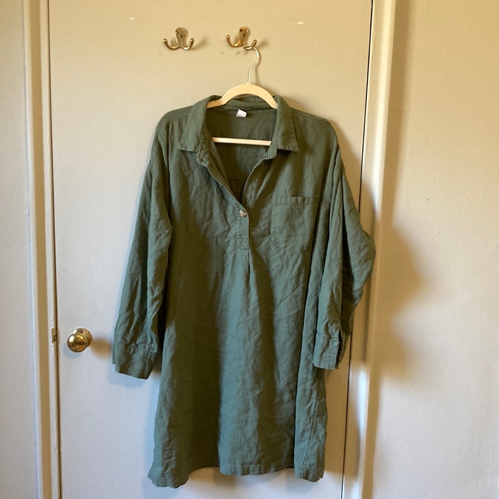 Light army green linen blend long sleeve dress